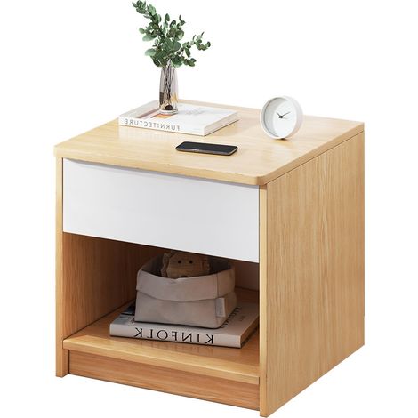 Table de Nuit, Table d’Appoint, avec Tiroir, Compartiment Ouvert, Table Basse, pour Chambre, Salon,(Couleur chêne,blanc chaud) (1/3)