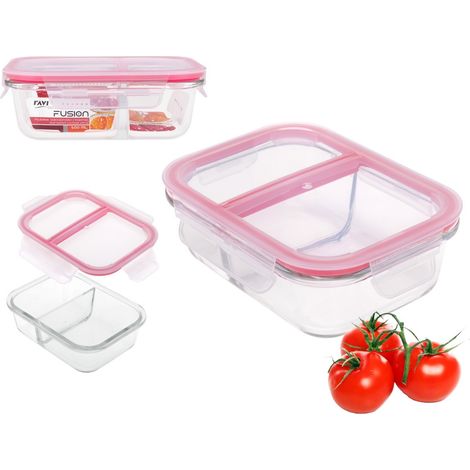 Recipiente de vidrio para fiambrera, resistente al calor, rectangular, de dos piezas, con dos compartimentos y tapa, FUSION artículo 81455, hermético, 600 ml, para alimentos, hermético, cierre de clip (1/4)