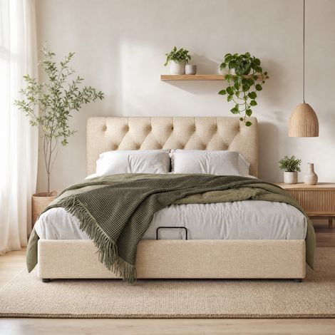 DESMIU Lit coffre 140 × 200 cm 2 places, tête de lit réglable, rangement hydraulique, avec matelas, naturel (1/5)