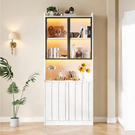 Vitrine haute 80 x 35 x 200 cm blanc avec LED et portes vitrées (1/5)