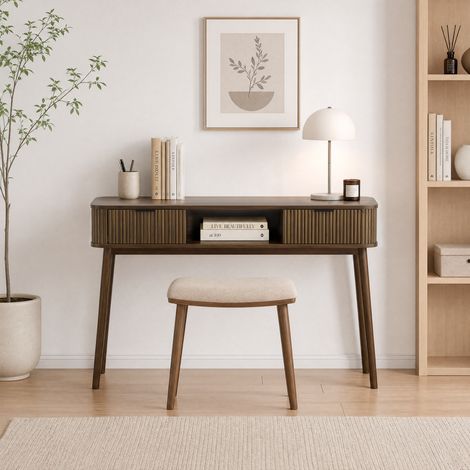 DESMIU Console Table avec 2 tiroirs et 1 niche ouverte, style Mid-Century, pour salon et entrée, finition noyer