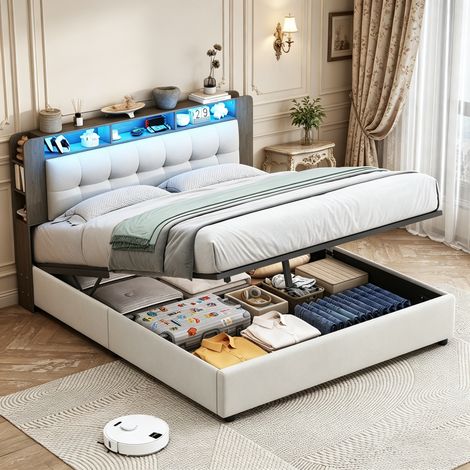 Lit coffre hydraulique 140x200cm, tête de lit velours avec rangement, recharge sans fil, éclairage LED ambiance, lit double moderne (1/5)