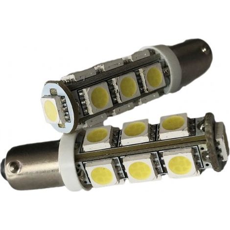 Coppia 2 Lampadine Led BAY9S H6W Piedi Storti Con 13 Smd 5050 Bianco Freddo 6000K 12V 1W