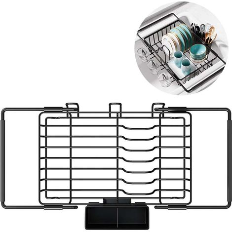 Égouttoir Cuisine Extensible Inox sur Évier Réglable avec Porte Ustensiles Organisateur Vaisselle Compact Assiettes Verres 1pc (1/5)
