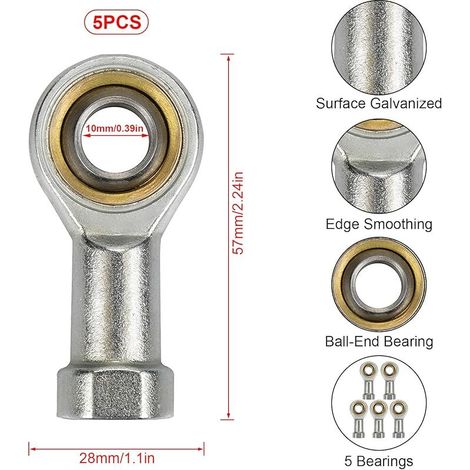 Lot de 5 rotules articulées, M10 × 1,5 mm, filetage intérieur à droite, extrémités de barre coulissante sphérique, SI10T/K, pour différents appareils mécaniques (1/5)