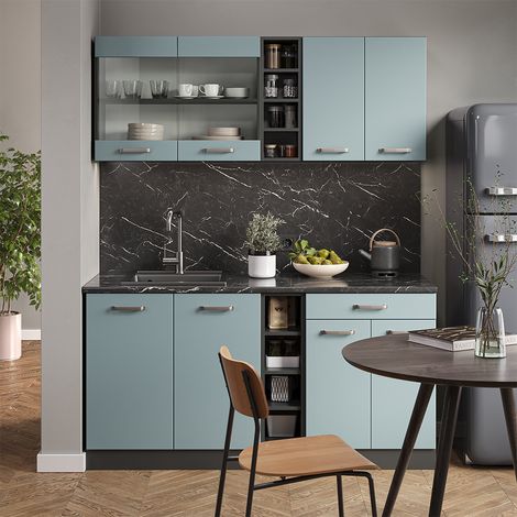 Cucina monoblocco R-Line, Blu-grigio/antracite, 160 cm Senza piano di lavoro, Vicco