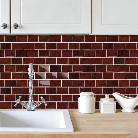 Lot de 10 autocollants muraux imperméables à coller sur mur de cuisine et de salle de bain Rouge foncé 15 x 30 cm (1/5)