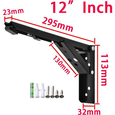 (12 pouces Noir-FR) 2 supports d'étagère pliables noirs, robustes et blancs, avec quincaillerie pour étagère pliable, pour table, travail, camping-car, gain de place. (1/5)