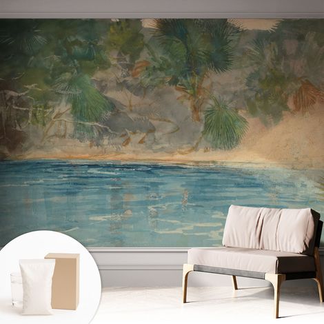 Papier peint intissé classique moderne pour salon et chambre à coucher Décoration rapide avec colle Rive tropicale 312x219 cm (1/5)