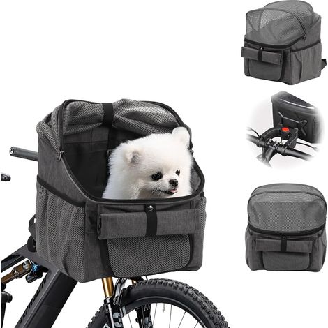 Panier pour animaux de compagnie pour vélo avec adaptateur pour guidon- panier avant- sac à dos multifonctionnel pliable et détachable avec bretelles- gris (ne dépassant pas 5 kg). (1/5)