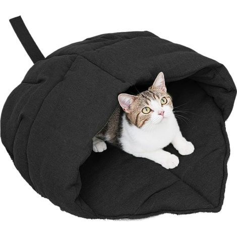 Blattförmiger Katzenschlafsack, gemütliches Katzenbett, höhlenartiges Haustiernest, bequemes und weiches, waschbares Katzenbett mit Cartoon-Motiv, Zubehör für Haustierbetten im Innenbereich (schwarz)
