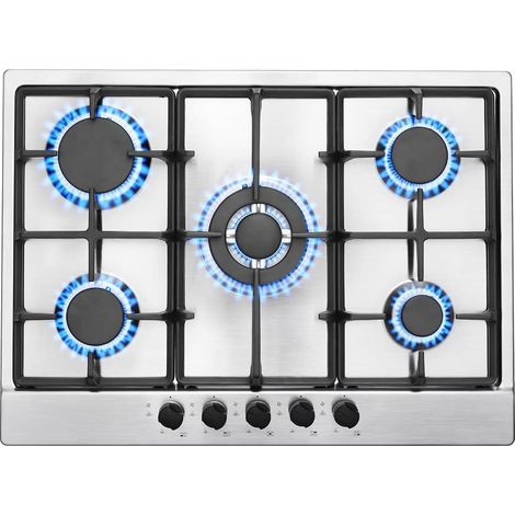 Plaque de cuisson gaz 5 feux – Acier inoxydable – Thermocouple de sécurité – Compatible gaz naturel et propane – 10 460 W – 68 cm
