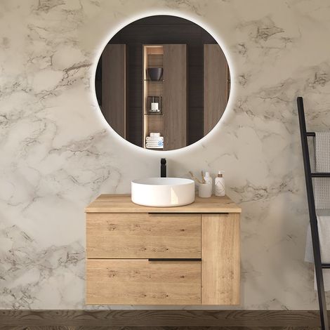 Meuble de salle de bain avec vasque à poser ronde - roble (chêne clair) - KING et miroir rond SOLEN - 80cm (1/5)