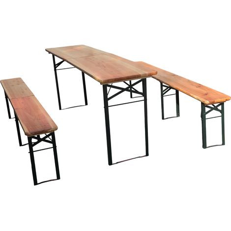 Conjunto de Mesa y Sillas de Jardín con 1 Mesa Plegable y 2 Bancos Plegables, Metal y Madera, Madera Natural (1/5)