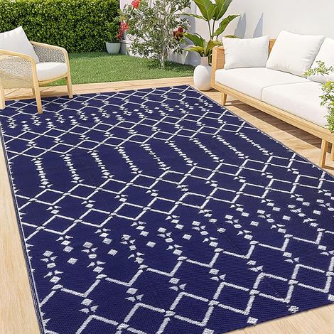 Tapis d'extérieur réversible imperméable en paille de plastique pour patio, jardin, terrasse, pique-nique, plage, camping, bleu marine - 180 x 270 cm (1/5)