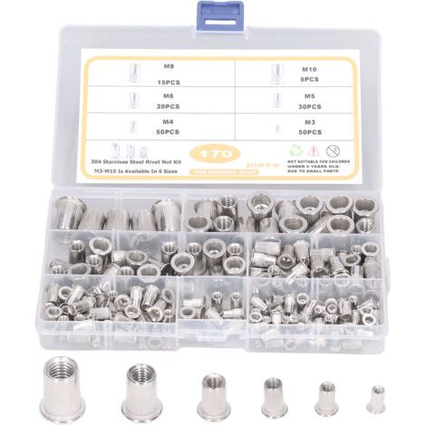 QORVA- 170 écrous à rivets en acier inoxydable M3-M10 304, écrou fileté à tête plate durable (1/5)