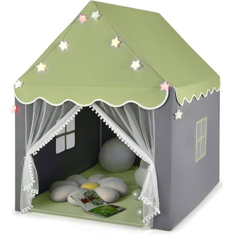 COSTWAY Tenda da Gioco per Bambini, Tenda Castello con Tappetino Lavabile, Luci a Forma di Stella, per Interno ed Esterno, 105 x 121 x 136 cm (Verde) (1/5)