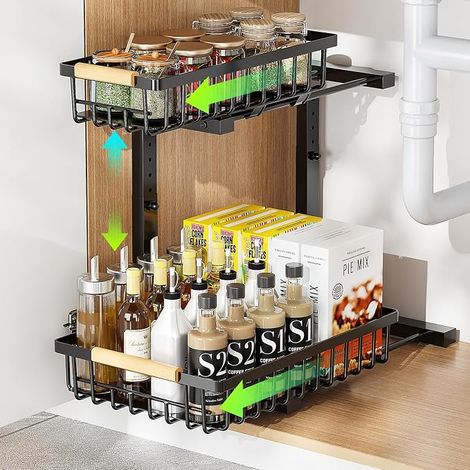 Rangement Sous Évier à 2 Étages avec Tiroir Coulissants 42.5cm Hauteur Réglable Organisateur Évier Cuisine en Forme de L Rangement et Organisation de Cuisine en Métal pour Salle de Bain (1/5)
