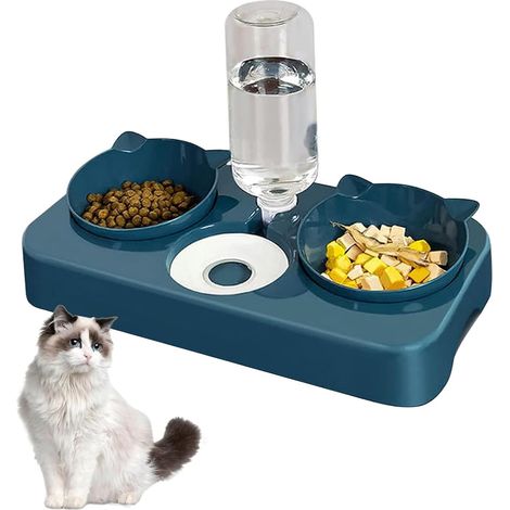 3 in 1 Cat Bowl, Pet Bowl, 8° Inclined Dog Bowl, Double Food Bowl for Dry and Wet Separation and Automatic Drinker (Blue) (1/5)