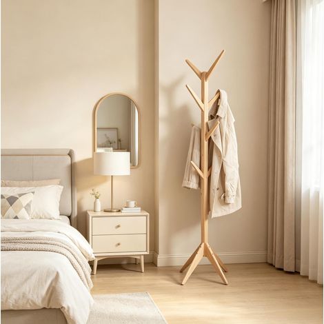 Portemanteau en bois naturel, 8 crochets, 180 cm OKMYHOME (1/4)