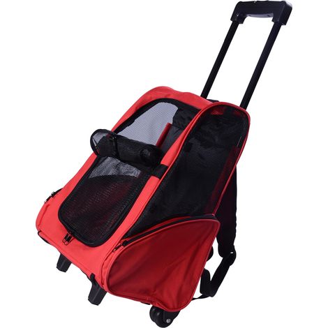 PawHut Sac de transport à roulettes pour chien 2 en 1 trolley chariot sac à dos pour chien chat avec poignée téléscopique, sacs de rangement, aérations, attache de sécurité, 42 x 25 x 55 cm, rouge