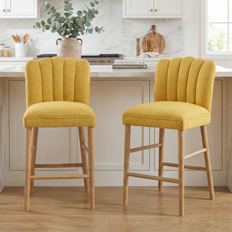 Wahson Lot de 2 Tabourets de Bar en Lin, Tabourets Hauts Pieds en Bois, Chaises de Bar Moderne avec Dossier Matelassé en Coquillage pour Cuisine, Jaune (1/5)