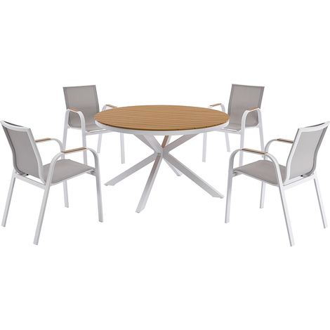 Salle à manger de jardin en aluminium : la table ronde D.125 cm et 4 fauteuils - Blanc et naturel clair - ZEYVA de MYLIA