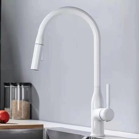 Gunmetal gray all-copper pull-out kitchen faucet, household pressure boosting universal faucet for dishwashing and vegetable washing basins, hot and cold water splash-proof faucet -- white inlet/outle