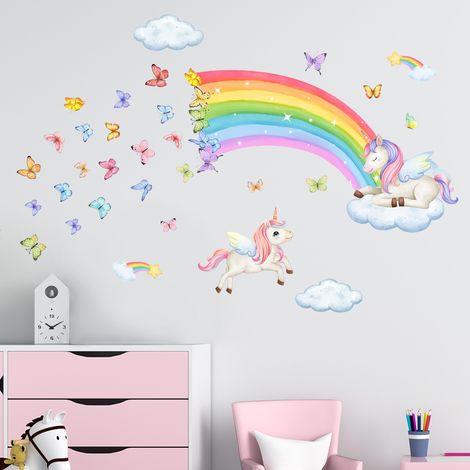 Stickers muraux Licorne Arc-en-ciel, Papillons, Nuage, Étoile, Décoration murale pour chambre d'enfant, chambre de bébé, salon (1/3)
