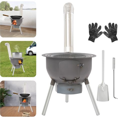 Abnehmbarer tragbarer Outdoor-Camping-Holzofen, Grillofen mit Schornstein, Multifunktionsholz-Grillofen