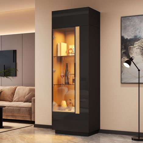 Vitrine meuble de rangement haut - 60x40x180 cm - colonne de salon avec porte en verre cadre aluminium et eclairage led connecte app - buffet vaisselier laque - noir (1/5)