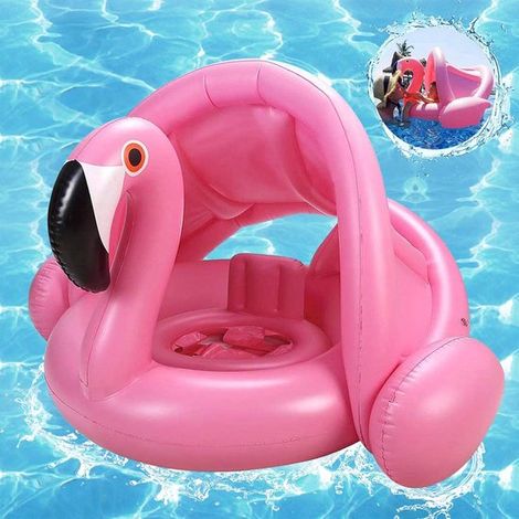 Flotador inflable de flamenco para bebés con toldo de protección solar, asiento flotante de entrenamiento de natación para niños pequeños para divertirse en la piscina. (1/5)