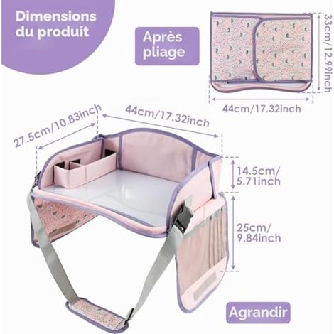 Table de voyage pour enfant - Étanche - Avec planche à dessin transparente - Rose Plateau de voyage pliable avec bandoulière réglable et poches latérales, pour manger et jouer en voiture, bus, avion (1/4)