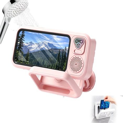 Enceinte Bluetooth étanche pour salle de bain avec support pour téléphone - rose - résistante aux éclaboussures, commandes tactiles (1/5)