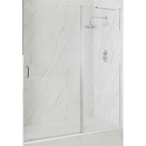 Milano Langley Chrome Wet Room Walk In Hinged Door Frameless Shower Enclosure with White Slate Effect Tray and Fast Flow Waste - 1400mm x 800mm (1/5)
