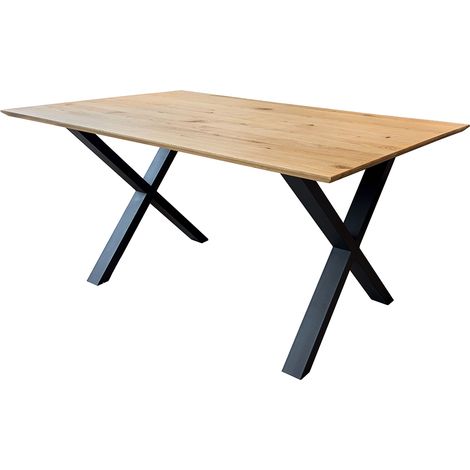 Esstisch 200x100cm mit Schweizer Kante, Wildeiche massiv geölt, Metallfußgestell, TISDALE-69 (1/4)