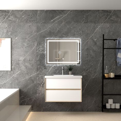 AICA Mueble de baño con lavabo suspendido con 2 cajones ,Color blanco y roble,79 x 46 x 52 cm (1/4)