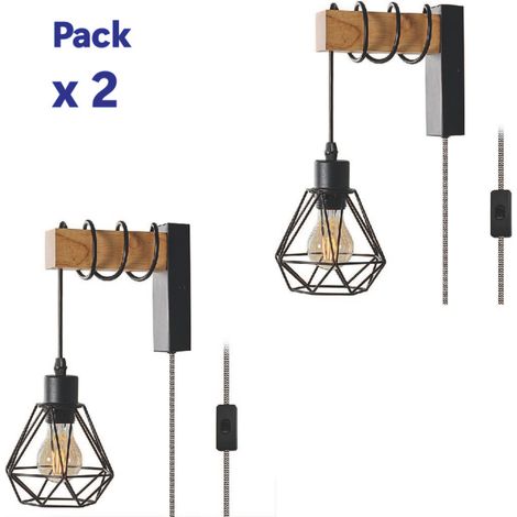Lot de 2 Appliques Bois Écran Cage Câble Tressé Prise et Interrupteur,E27