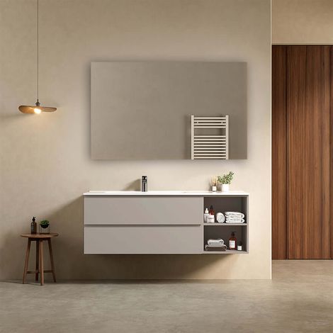 Mobile bagno sospeso 140 cm Grigio Cenere Lavabo a Sinistra in Resina Specchio Quadro - Fiji Paint Plus (1/4)