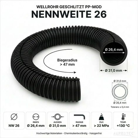 50m PP Wellrohr geschlitzt NW 26 Schwarz Innen-Ø 26,4 mm UV-beständig