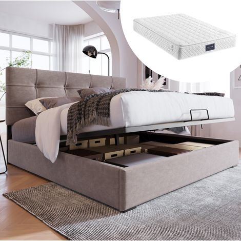Cama doble moderna 140x200 cm de terciopelo gris claro, cabecero ajustable, arcón hidráulico, somier de láminas y colchón (1/5)