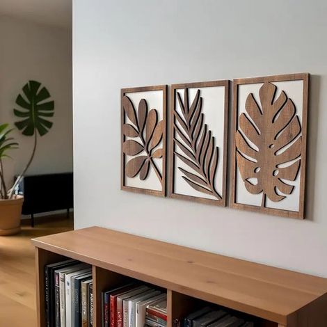 Ensemble de 3 décorations murales en bois en forme de feuille de palmier, décoration murale naturelle pour salon et bureau, marron (1/5)