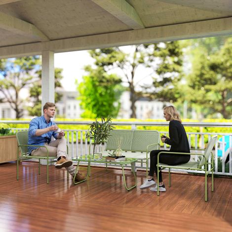 Ensemble de salon de jardin en rotin PE avec canapé, 2 fauteuils et table basse en verre. Vert.