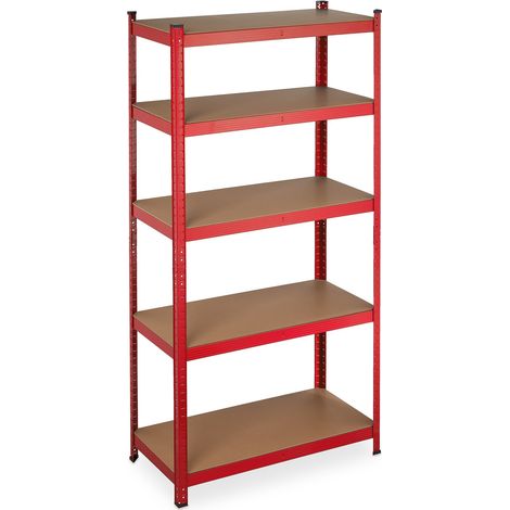 Relaxdays Schwerlastregal zum Stecken, Traglast: 875 kg, 5 Ebenen, Keller & Garage, Stahl, HxBxT: 180 x 90 x 45 cm, rot