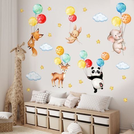 Stickers Muraux Animaux Ballon Autocollant Mural Panda Cerf Singe Décoration Murale Chambre Enfants Bébé Pépinière Salon (1/4)