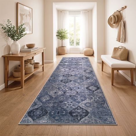 Paco Home Tappeto Vintage Boho Moderno Soggiorno Pelo Corto Lavabile Blu 80x150 cm (1/5)
