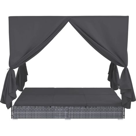 INLIFE Chaise longue d'extérieur avec rideaux Résine tressée Gris (1/5)