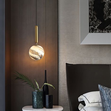 Nordic Modern Einfache Glaskugel Pendelleuchte Deckenleuchte Single Head Hanging Loft Kronleuchter für Schlafzimmer Esszimmer Restaurant Wohnzimmer (Amber Planet) [Energieklasse E] (1/3)