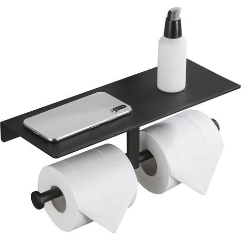 Porte Rouleau de Papier Toilette Hygiénique sans Perçage avec Etagère de Téléphone Portable Support Mural Double pour Salle de Bains (Noir) (1/5)