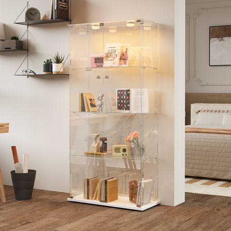 Vetrina a 4 ripiani con LED, in vetro temperato, con Maniglia in Metallo e Chiusura a Chiave, base bianca, 78.5x35x163 cm